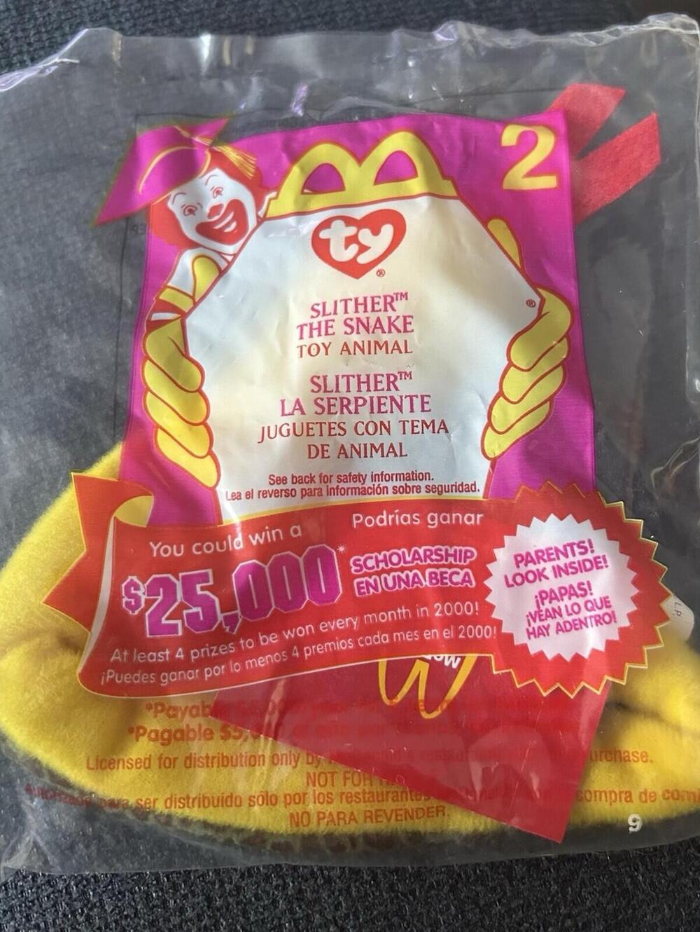 NEW 2000 McDonalds Happy Meal Toy SLITHER the SNAKE Ty Teenie Beanie #2 SEALED